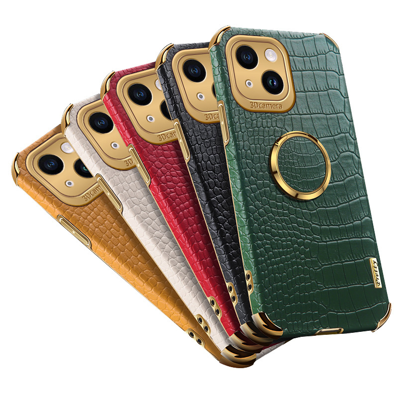 For iPhone 14 Plus 13 Pro Soft Coque Anti Shock Proof Plating Ring Holder Back Cover Luxury Crocodile Texture Leather Phone Case