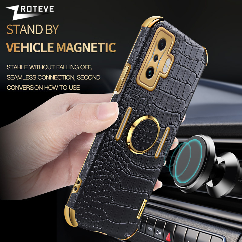 For Xiaomi POCO F4 F3 GT Soft Coque Anti Shock Plating Ring Holder Fashion Back Cover Luxury Crocodile Leather Phone Case