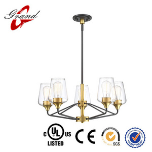 5-Light Chandelier Pendant Lighting, Black and Gold Brushed Brass, Modern Ceiling Hanging Fixture with Clear Glass Shade