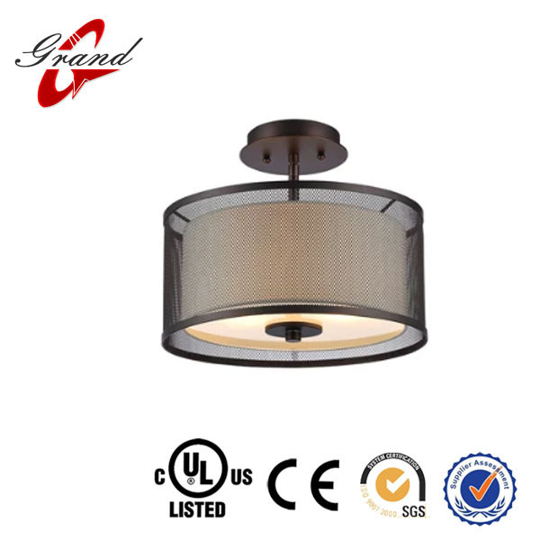 3-Lights Semi Flush Mount Light Fixture, Close to Ceiling Light with Double Grey Fabric Drum Shade,Pendant Kitchen Light for Be