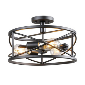 Flush Mount Ceiling Light Vintage Industrial Chandelier Retro Metal Cage Hanging Fixture for Farmhouse Warehouse