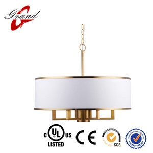 19 Inch 5 Lights Modern Adjustable Rose Gold Drum Chandelier, Metal Brass Pendant Light Fixtures with White Round Plastic Shade