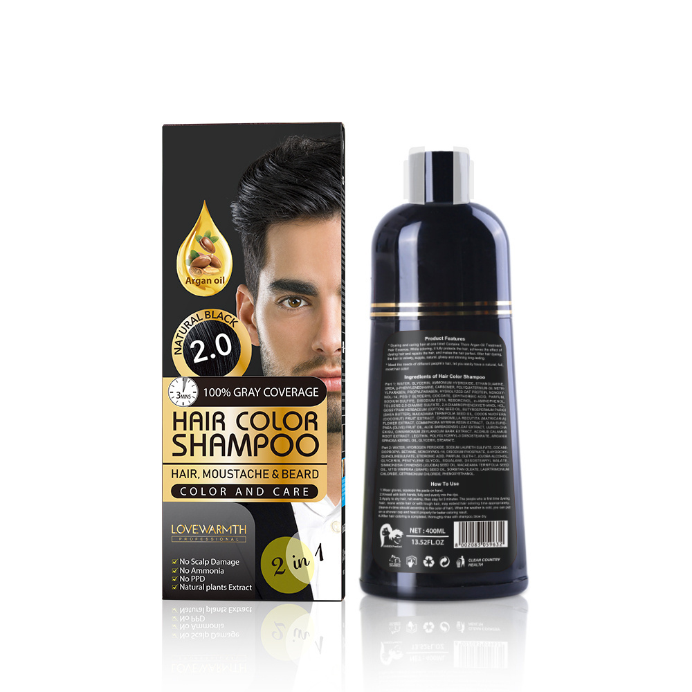 Ammonia Free Hair Color Shampoo 100% Gray Coverage Argan Oil Colorful Plastic Bottle 2.0 Black Color Shampoo