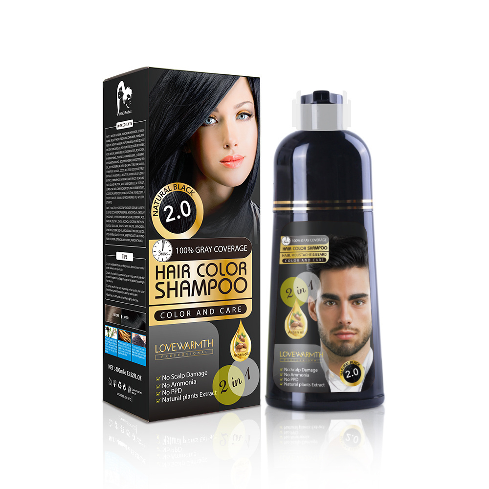 Ammonia Free Hair Color Shampoo 100% Gray Coverage Argan Oil Colorful Plastic Bottle 2.0 Black Color Shampoo