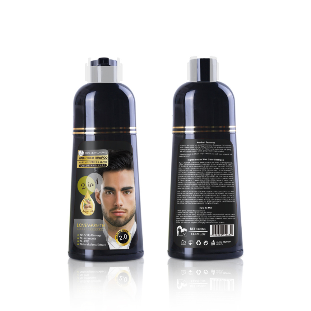 Ammonia Free Hair Color Shampoo 100% Gray Coverage Argan Oil Colorful Plastic Bottle 2.0 Black Color Shampoo