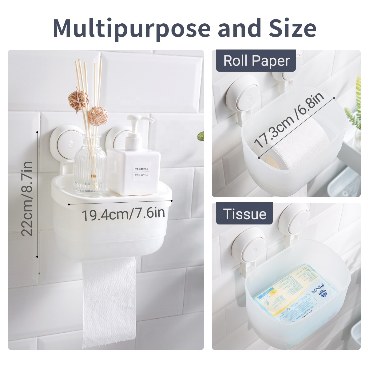 Powerful Tissue Roll Vacuum Suction Cup Vacuum Suction Hooks Caddy Basket Rack Shelf Toilet Paper Holder for Bathroom Storage