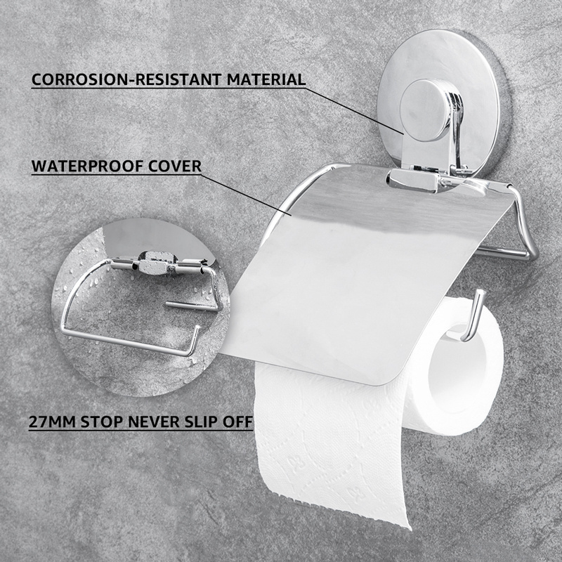 Stainless Steel Tissue Roll Dispenser Toilet Paper Holder with Cover and Powerful Suction Cup Mount