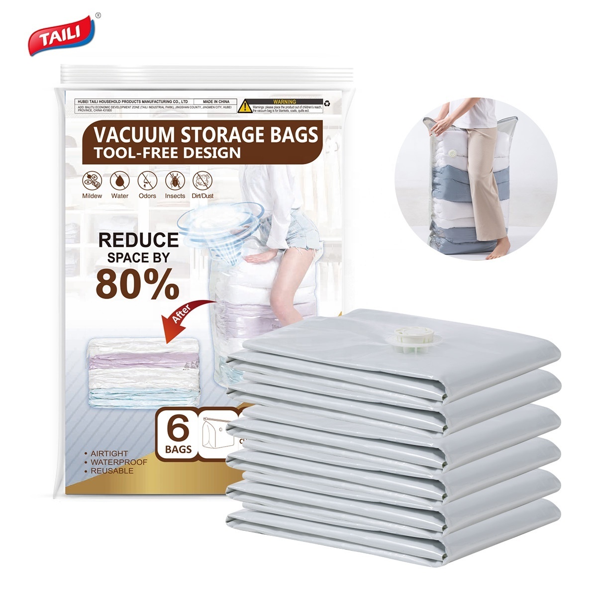 TAILI Pump Free Space Saver Cube Vacuum Compression Storage Bags Plastic Clothes Bag  For Cloths and Bedding Closet Organizer