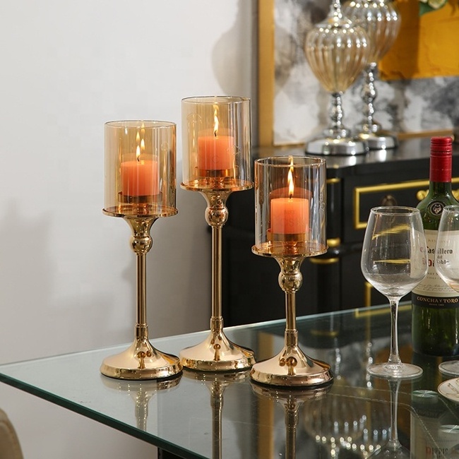 Christmas Decoration Nordic retro European gold candlestick for table decoration candle holder pillar set of 3