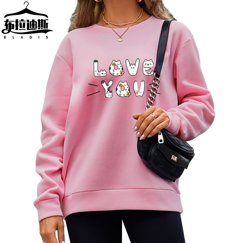 Supplier ebay Amazon blank crewneck sweatshirt High Quality Cute cat letters print loose Polyester women's hoodies sweatshirts