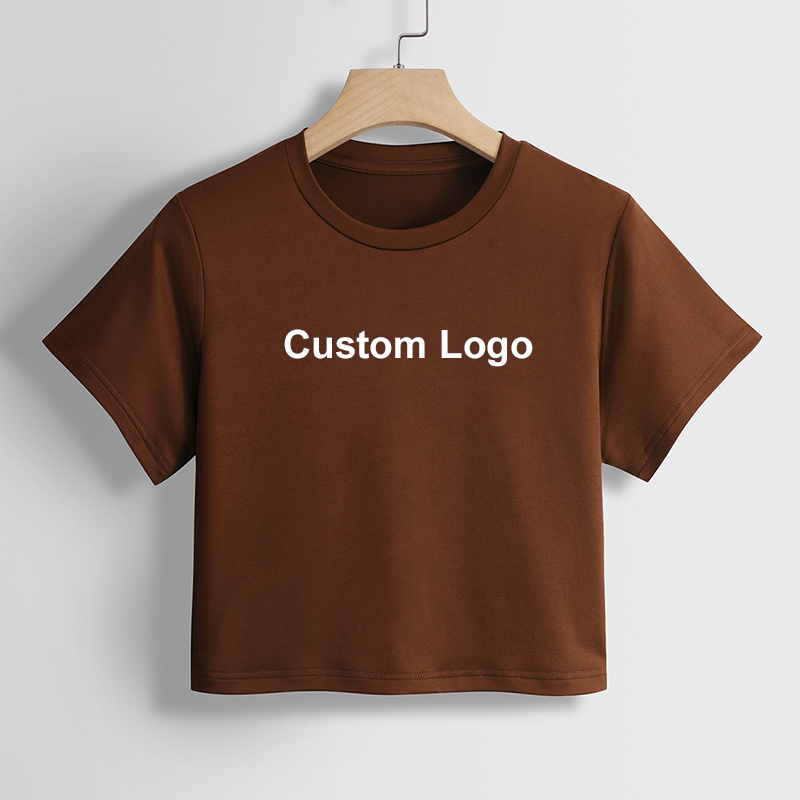 custom crop top free print logo labels wholesale crop tops 95% polyester /5% Elastane Brown Loose Fit T Shirt women crop top