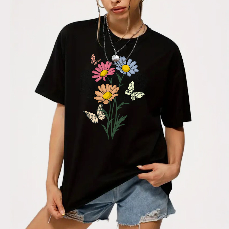 Amazon bulk sale price 2 dollar t shirts Butterflies and flowers graphic t shirts print Very high quality women's t-shirts