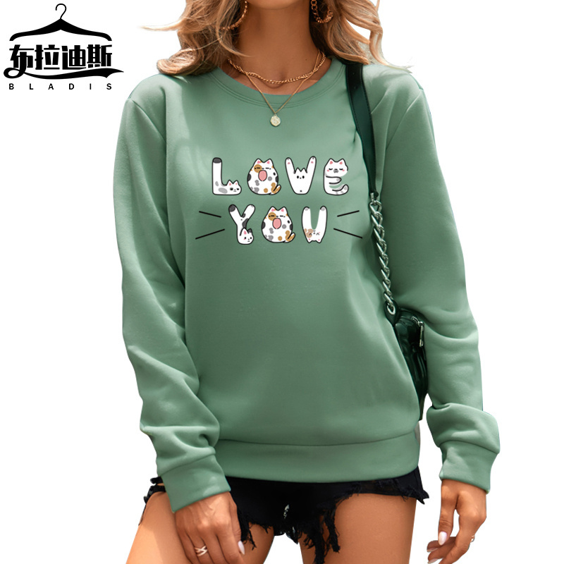 Supplier ebay Amazon blank crewneck sweatshirt High Quality Cute cat letters print loose Polyester women's hoodies sweatshirts