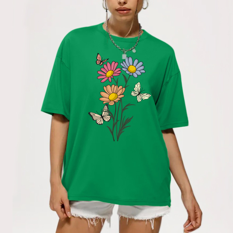 Amazon bulk sale price 2 dollar t shirts Butterflies and flowers graphic t shirts print Very high quality women's t-shirts