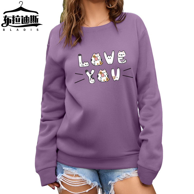 Supplier ebay Amazon blank crewneck sweatshirt High Quality Cute cat letters print loose Polyester women's hoodies sweatshirts