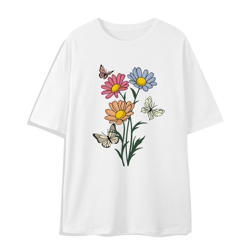 Amazon bulk sale price 2 dollar t shirts Butterflies and flowers graphic t shirts print Very high quality women's t-shirts