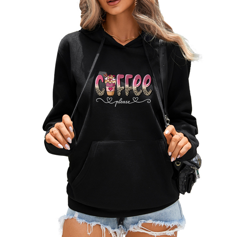 2024 New design Fashion 350 gsm hoodie Streetwear Leopard coffee letters graphic hoodie print Kangaroo pocket women's hoodies