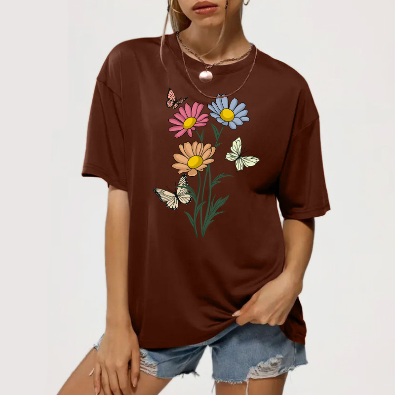 Amazon bulk sale price 2 dollar t shirts Butterflies and flowers graphic t shirts print Very high quality women's t-shirts