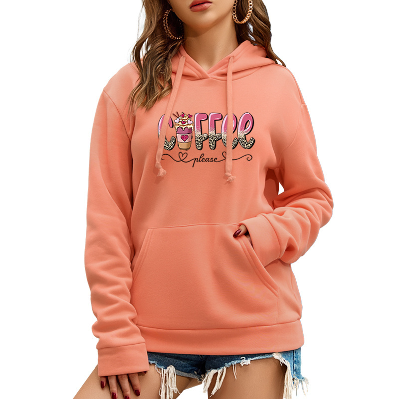 2024 New design Fashion 350 gsm hoodie Streetwear Leopard coffee letters graphic hoodie print Kangaroo pocket women's hoodies