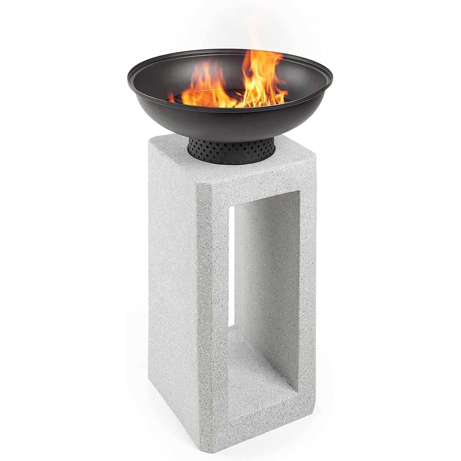 Garden Patio Fire Pit Plinth with Integrated Log Store Wood Charcoal  Faux  Concrete Firepit Bowl