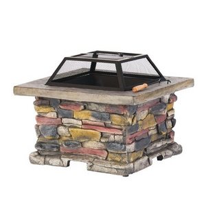 Garden Patio Fire Pit Cement Pit with Iron Frame Neutral colors Square Charcoal Burning Fire Pit