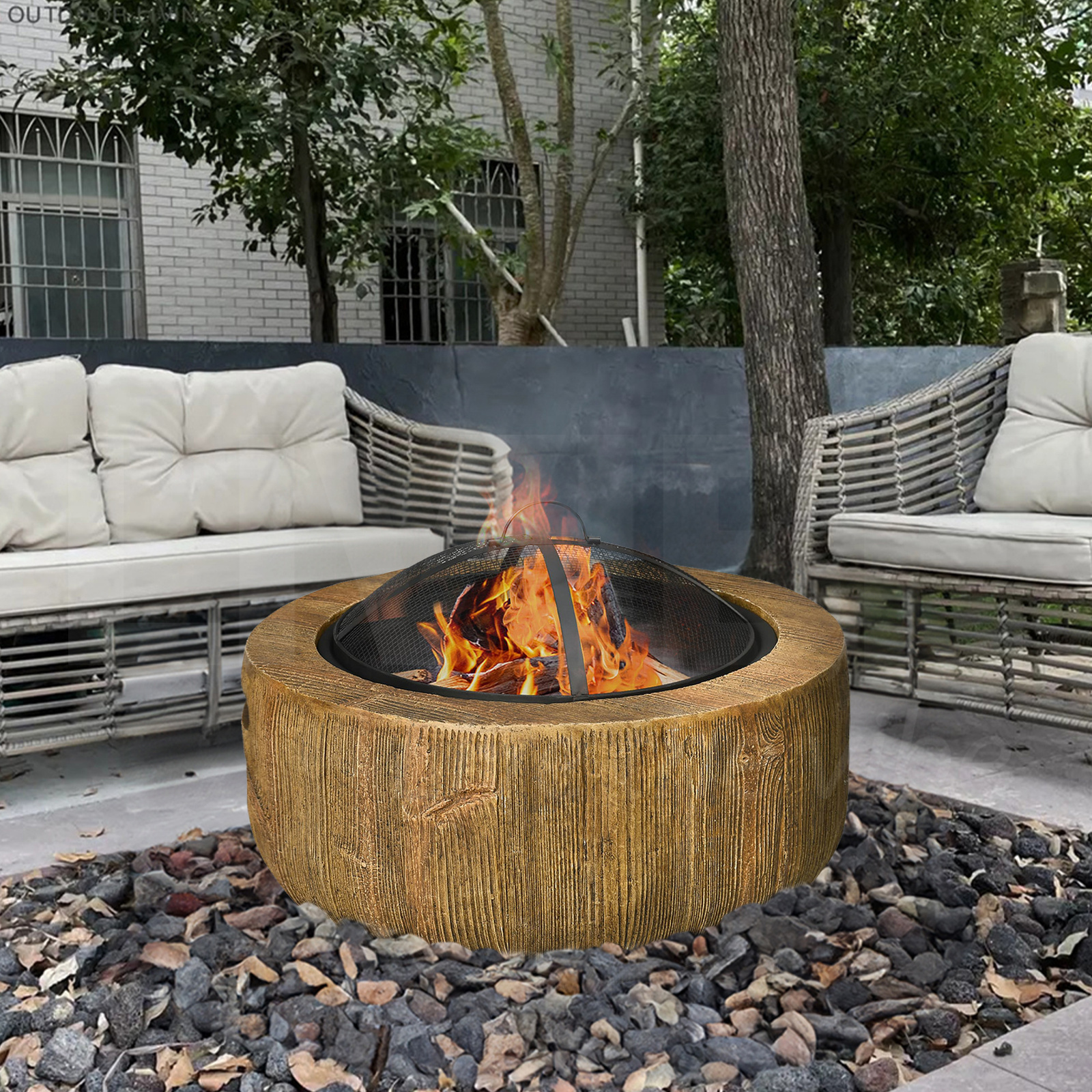 Factory MgO Brown Fire Bowl with Lid Fire Basket with Poker Tree Stump Design Fire Pit for Garden