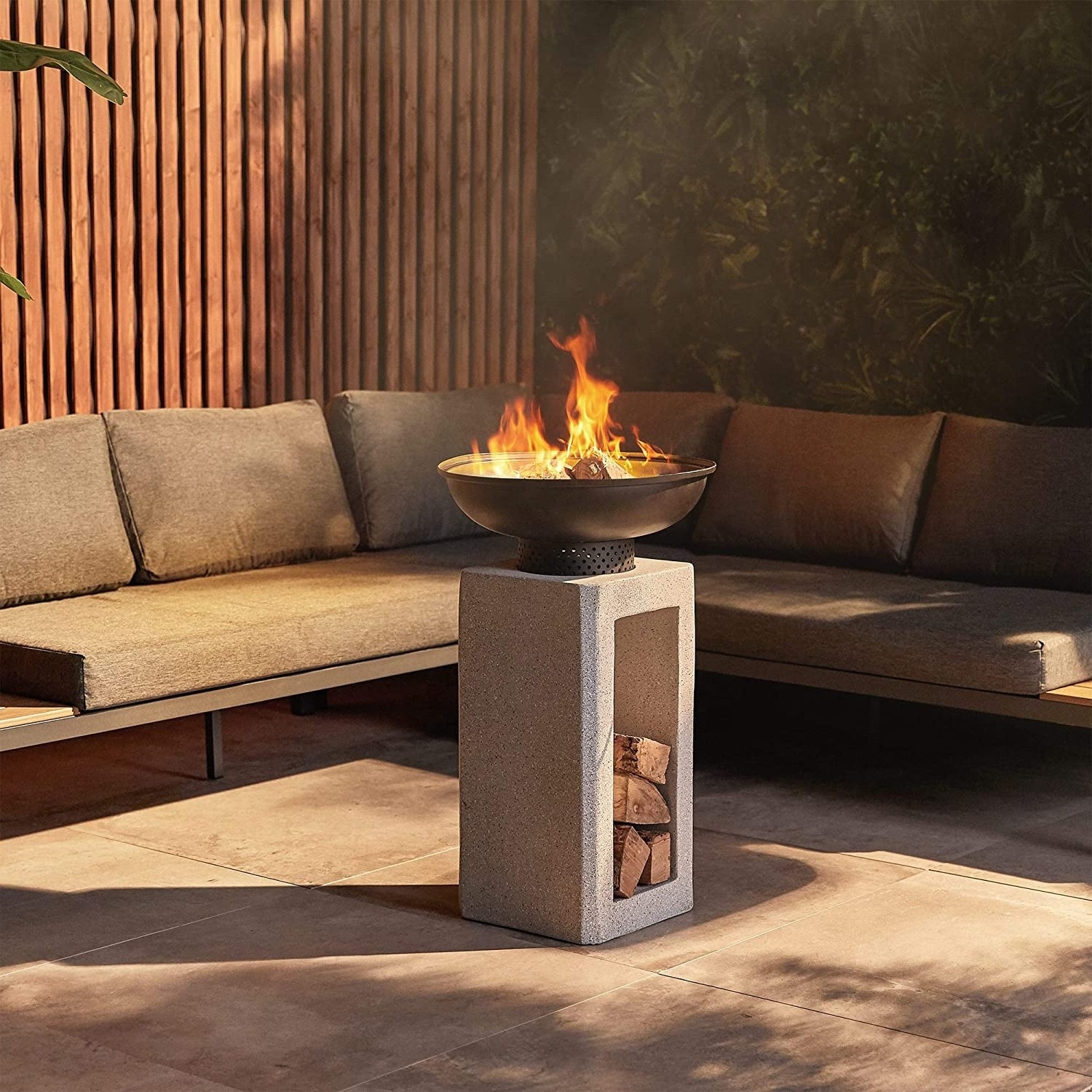 Garden Patio Fire Pit Plinth with Integrated Log Store Wood Charcoal  Faux  Concrete Firepit Bowl