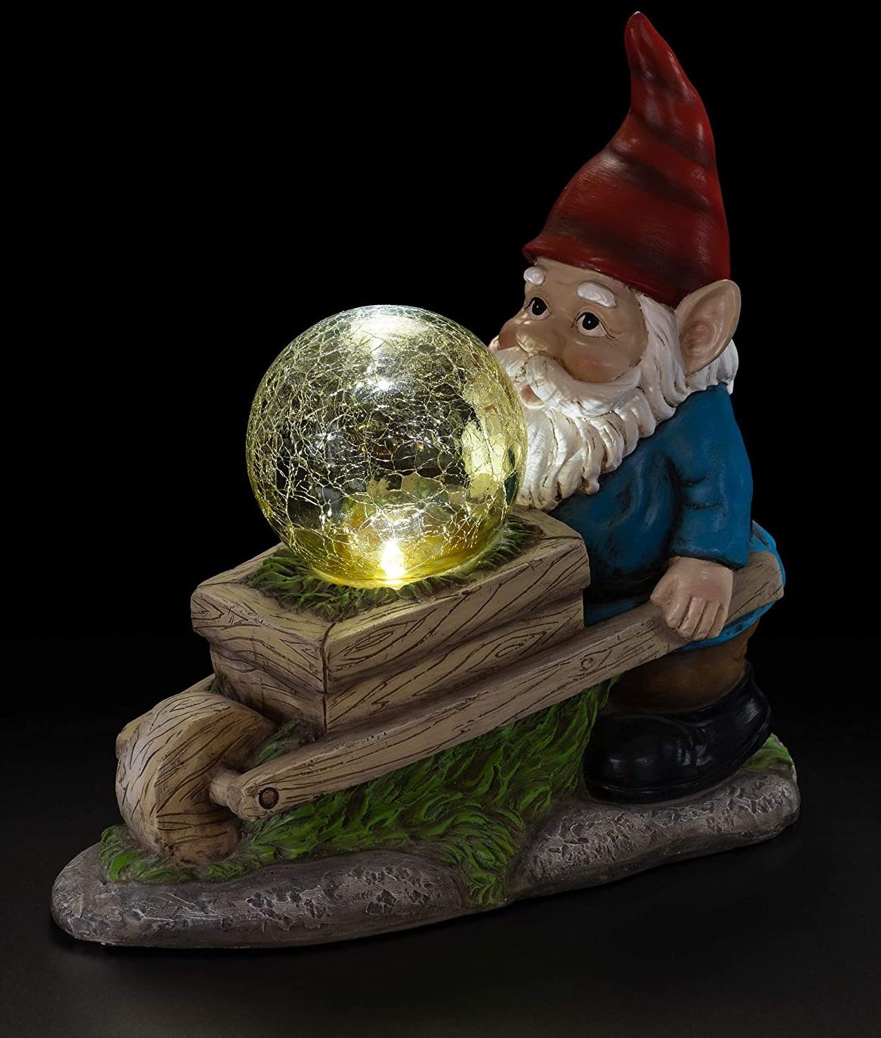 Wheelbarrow Gnome with Magic Orb Solar Powered LED  Outdoor Decor Resin Garden Gnome Statue