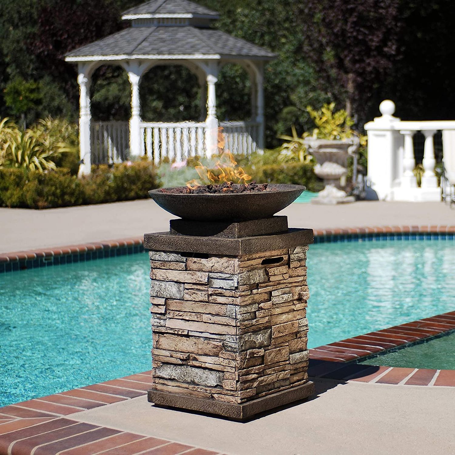 New Launch Newcastle Propane Fire bowl Column Realistic Look Firepit Heater Lava Rock 40,000 BTU Outdoor Gas Fire Pit