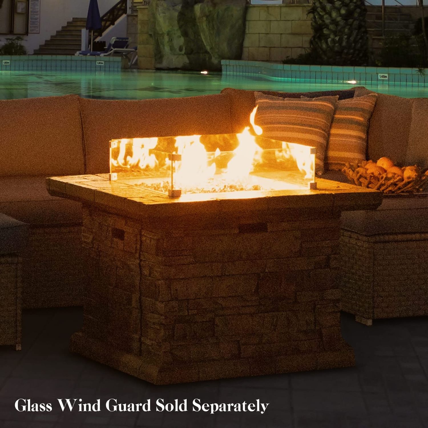 Waterproof Cover Square Stone Crest Gas Heater Table Lava Rocks Outdoor Propane Burning Fire Pit