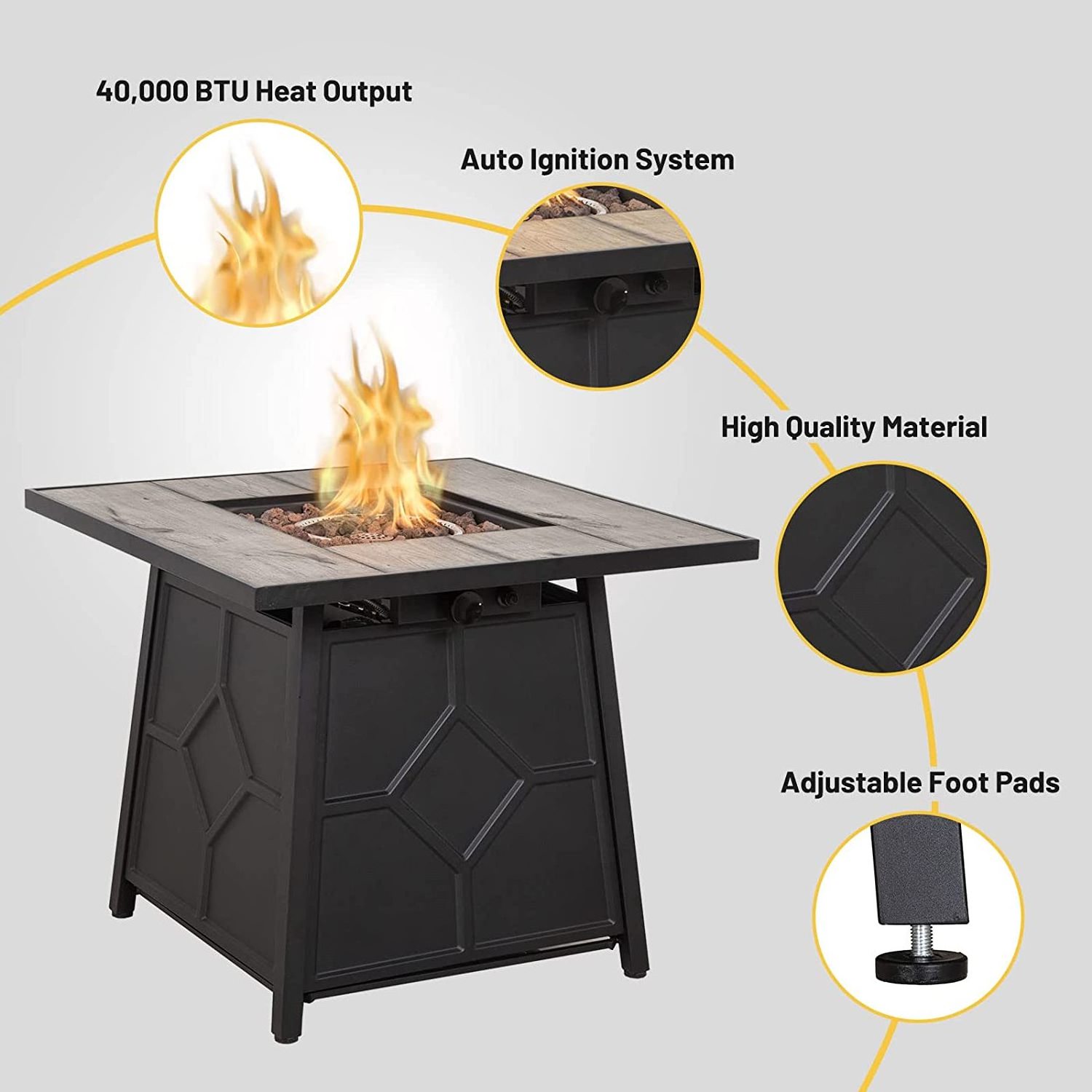 Wholesale Hot Seller Propane Powered Design  Fire Pit Backyard Square Metal Base Gas Fire Pit for Sale