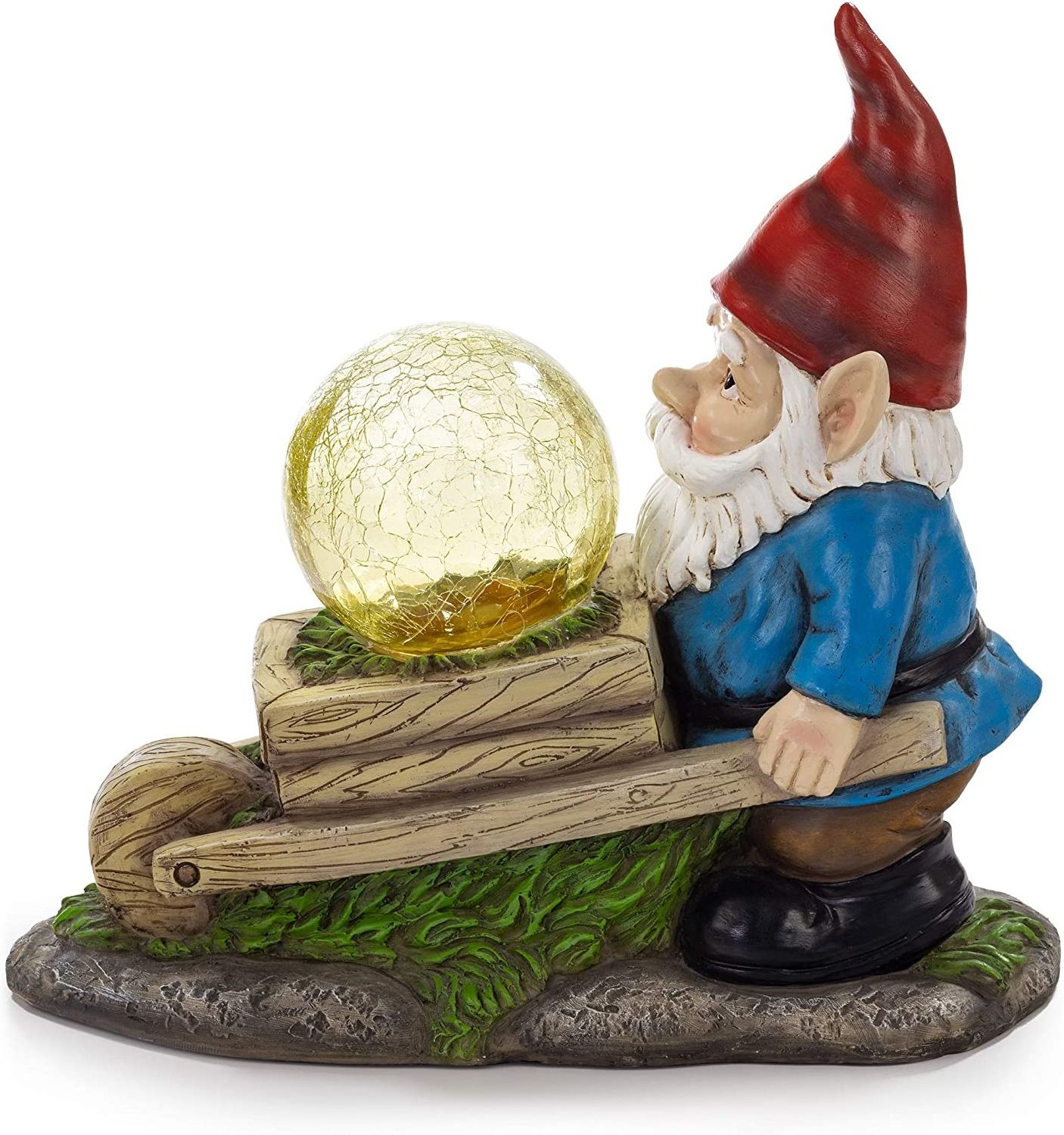 Wheelbarrow Gnome with Magic Orb Solar Powered LED  Outdoor Decor Resin Garden Gnome Statue