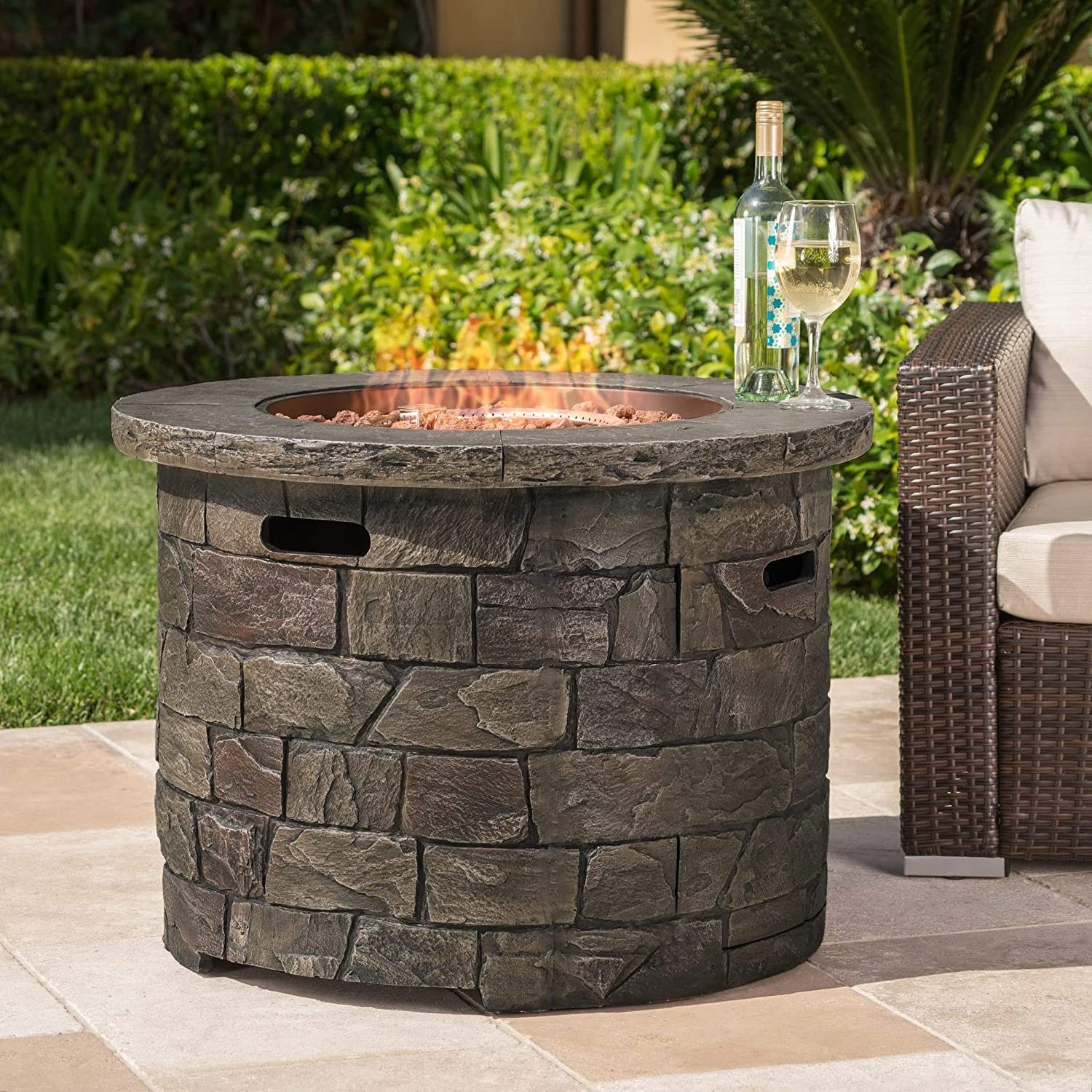 40,000 BTU Propane Fire Pit Table Natural Stone Finish Outdoor Circular Fire Pit