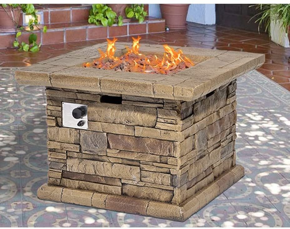 Waterproof Cover Square Stone Crest Gas Heater Table Lava Rocks Outdoor Propane Burning Fire Pit