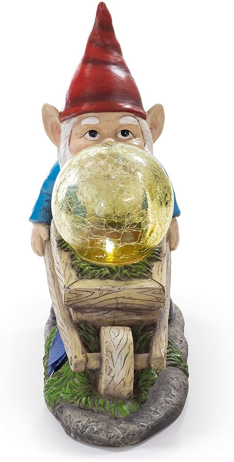 Wheelbarrow Gnome with Magic Orb Solar Powered LED  Outdoor Decor Resin Garden Gnome Statue