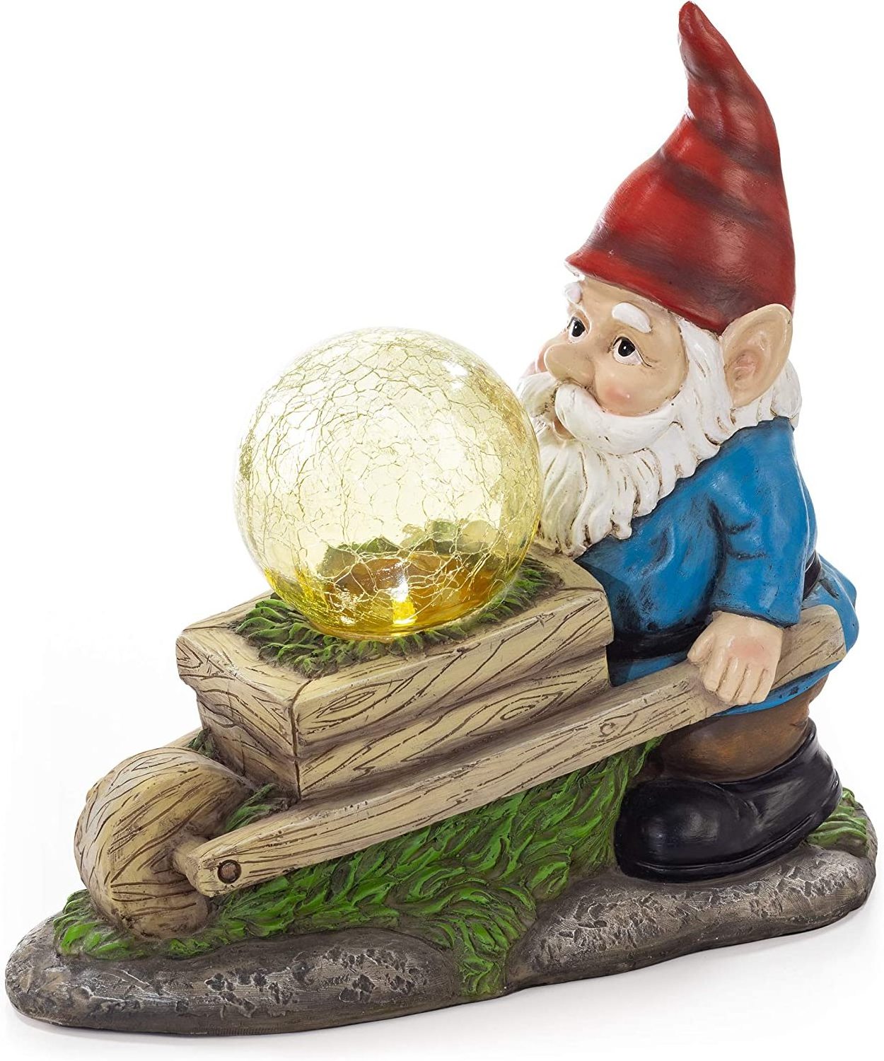 Wheelbarrow Gnome with Magic Orb Solar Powered LED  Outdoor Decor Resin Garden Gnome Statue