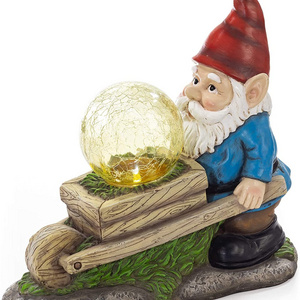 Wheelbarrow Gnome with Magic Orb Solar Powered LED  Outdoor Decor Resin Garden Gnome Statue