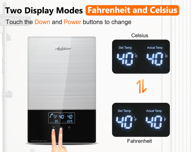 Anlabeier Touch control tempered glass led screen 220-240V/380V  12kw tankless water heater for bathroom shower