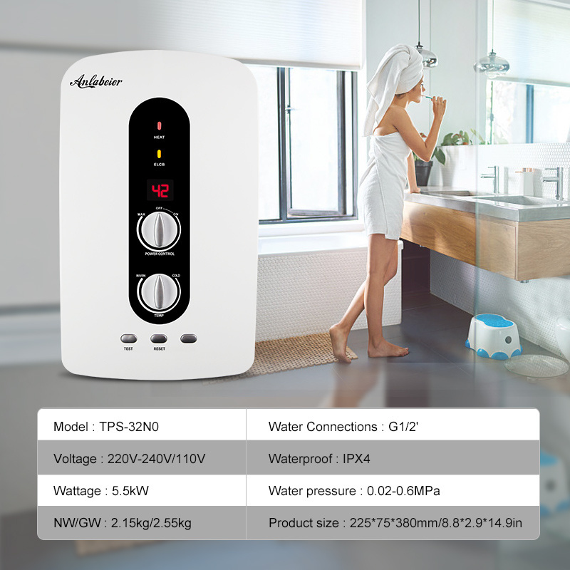 Anlabeier 220V 5500W led display tankless hot shower bathroom instant electric water heater with water flow switch