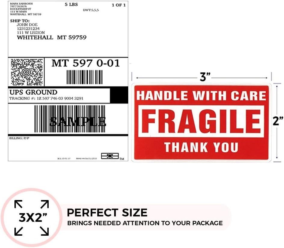 2 x 3 Inch Fragile Stickers Handle with Care Warning Packing Shipping Label - Permanent Adhesive (50 Sheet, 500 Labels)