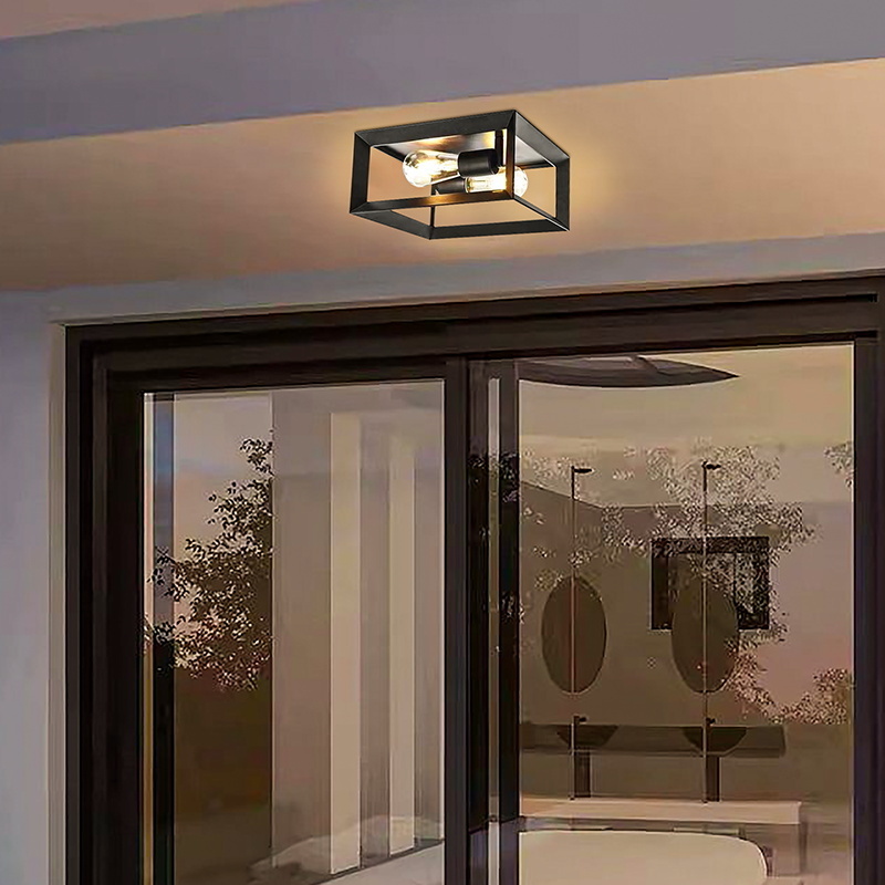 Flush Mount Garden Lobby Ceiling Lights 2-Light Matte Black Modern Room Surface Mounted Indoor Outdoor Square Ceiling Lamp