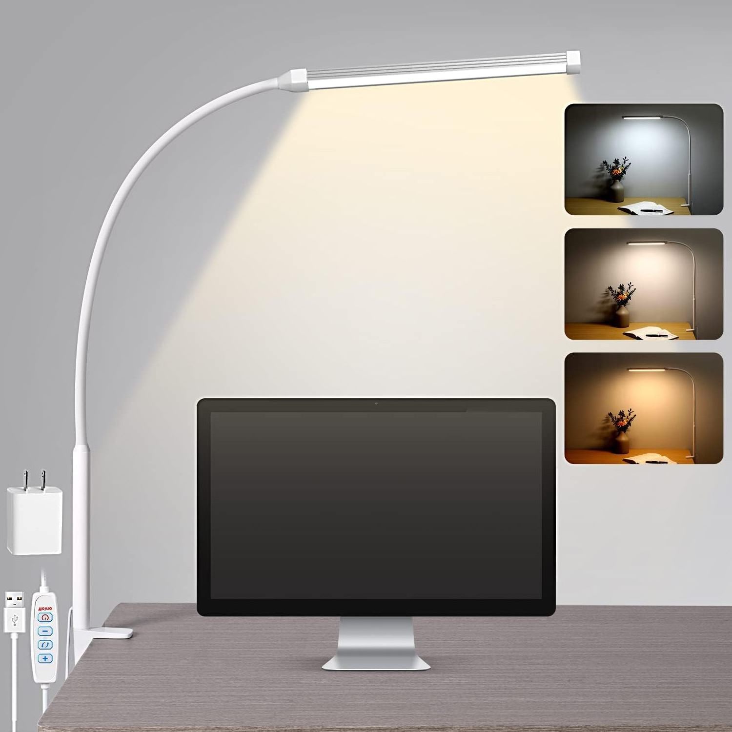 Clip on Desk Lamp LED Reading Light Dimmable Clamp Lamp with 3 Color Modes 10 Brightness Adjustable Flexible Gooseneck Swing Arm