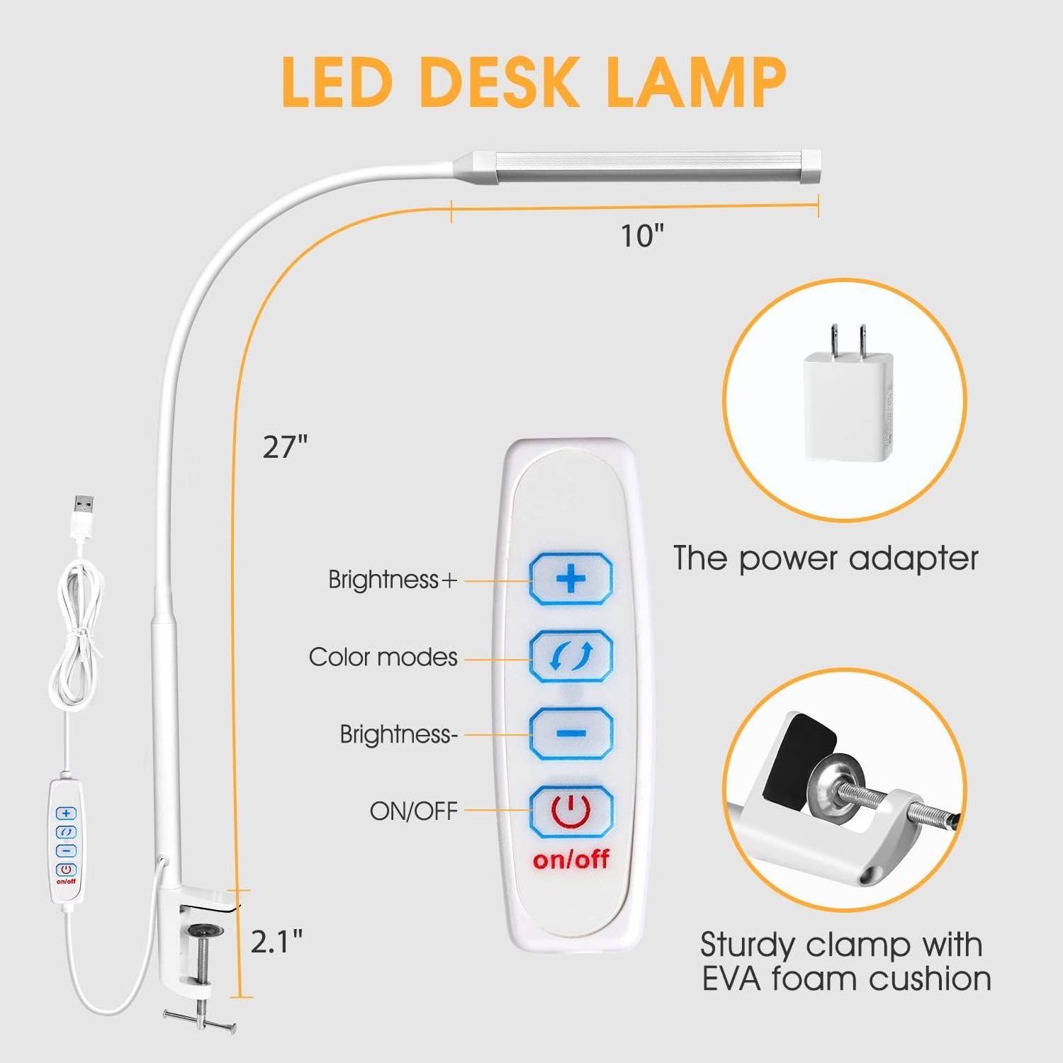 Clip on Desk Lamp LED Reading Light Dimmable Clamp Lamp with 3 Color Modes 10 Brightness Adjustable Flexible Gooseneck Swing Arm