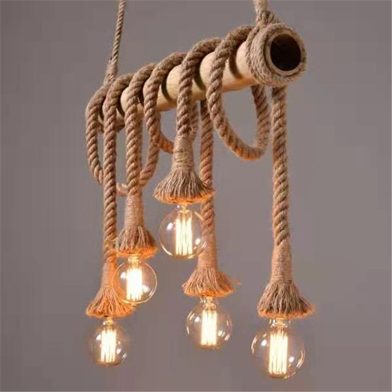 Restaurant Cafe Industrial Pendant Light Fixtures Unitary Brand Rustic Hemp Rope and Bamboo Dining Room Hanging Lights