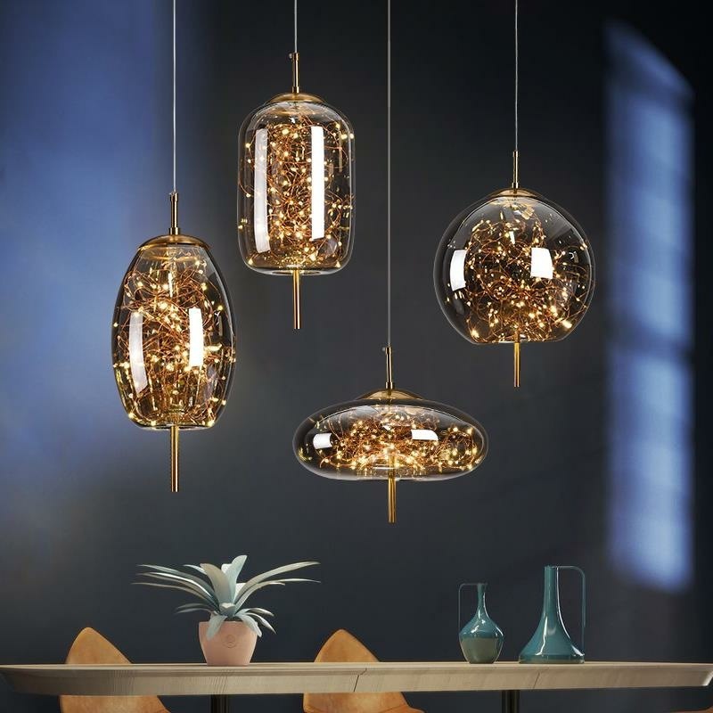 2023 Home Decor Led Lighting Fixtures Kitchen Restaurant Nordic Modern Hanging Polymorphic Glass Chandelier Metal Pendant Light