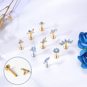 POENNIS Tiny Flat Back Ear Piercing Stainless Steel Gold Plated Clear Blue Zircon Stud Tragus Earrings Body Piercing Jewelry