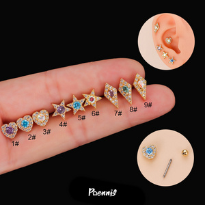 POENNIS Hypoallergenic Piercing Jewelry Bulk Stainless Steel Heart Colored Crystal Spring Loaded Self Ear Piercing Earrings