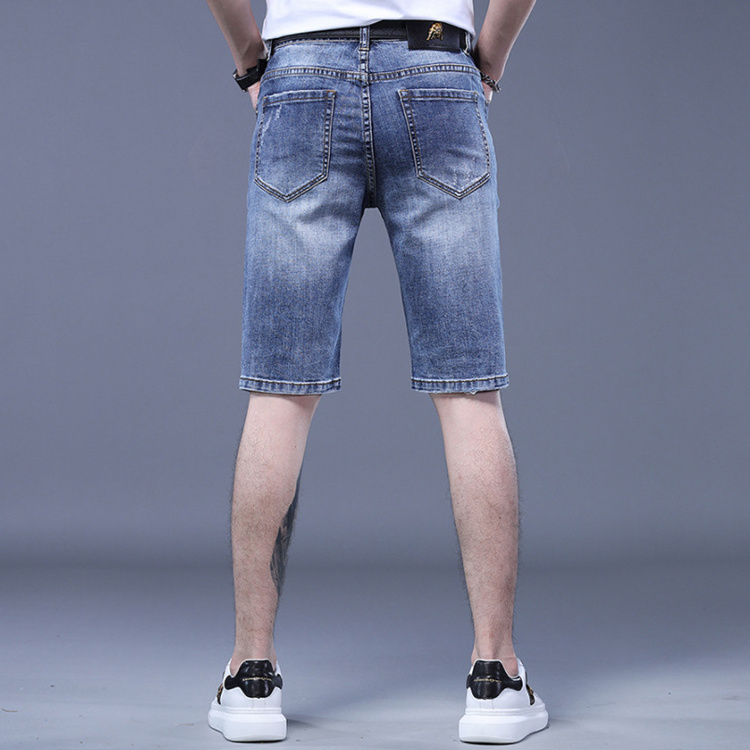 2022 Men's blue embroidered jean shorts street style denim ripped jeans Casual character shorts Taurus texture rhinestone