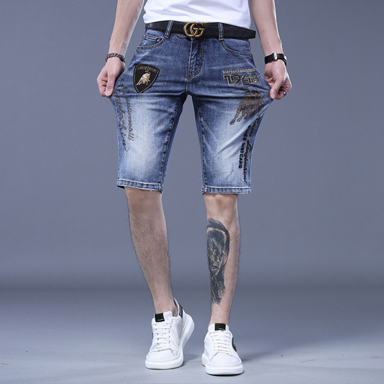 2022 Men's blue embroidered jean shorts street style denim ripped jeans Casual character shorts Taurus texture rhinestone