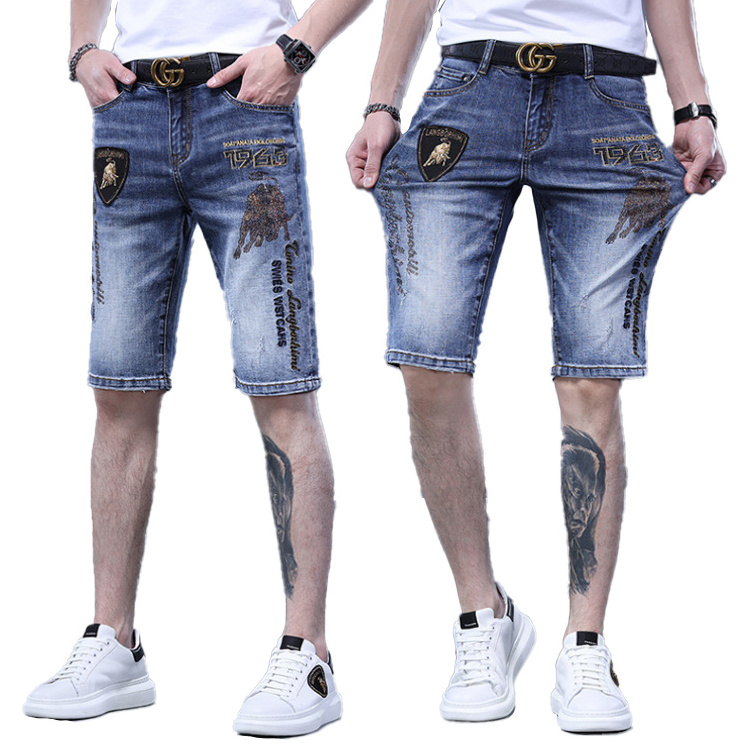 2022 Men's blue embroidered jean shorts street style denim ripped jeans Casual character shorts Taurus texture rhinestone